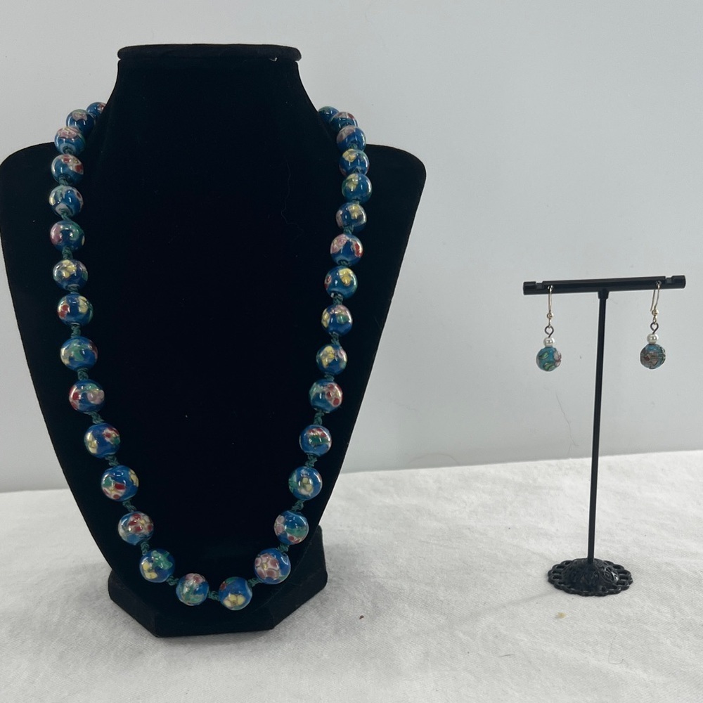 Vintage Blue Cloisonne Double Hand Knotted bead necklace and earrings